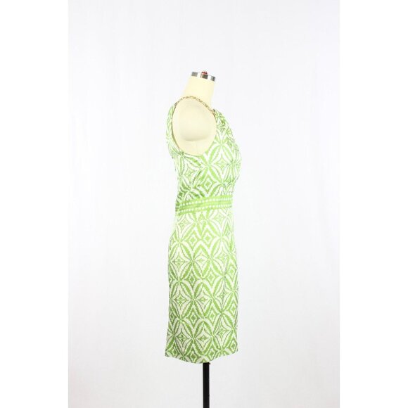 MILLY White Green Geometric Print Silk Twill Chain Halter Sheath Dress, Size 2 - Picture 2 of 14